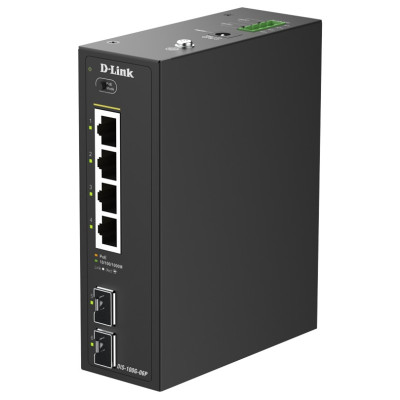 D-Link DIS-100G-06P 6-Port Unmanaged Industrial Gigabit PoE+ Switch, 2 SFP slots, Plug-and-play, Fanless, DIN-rail mount